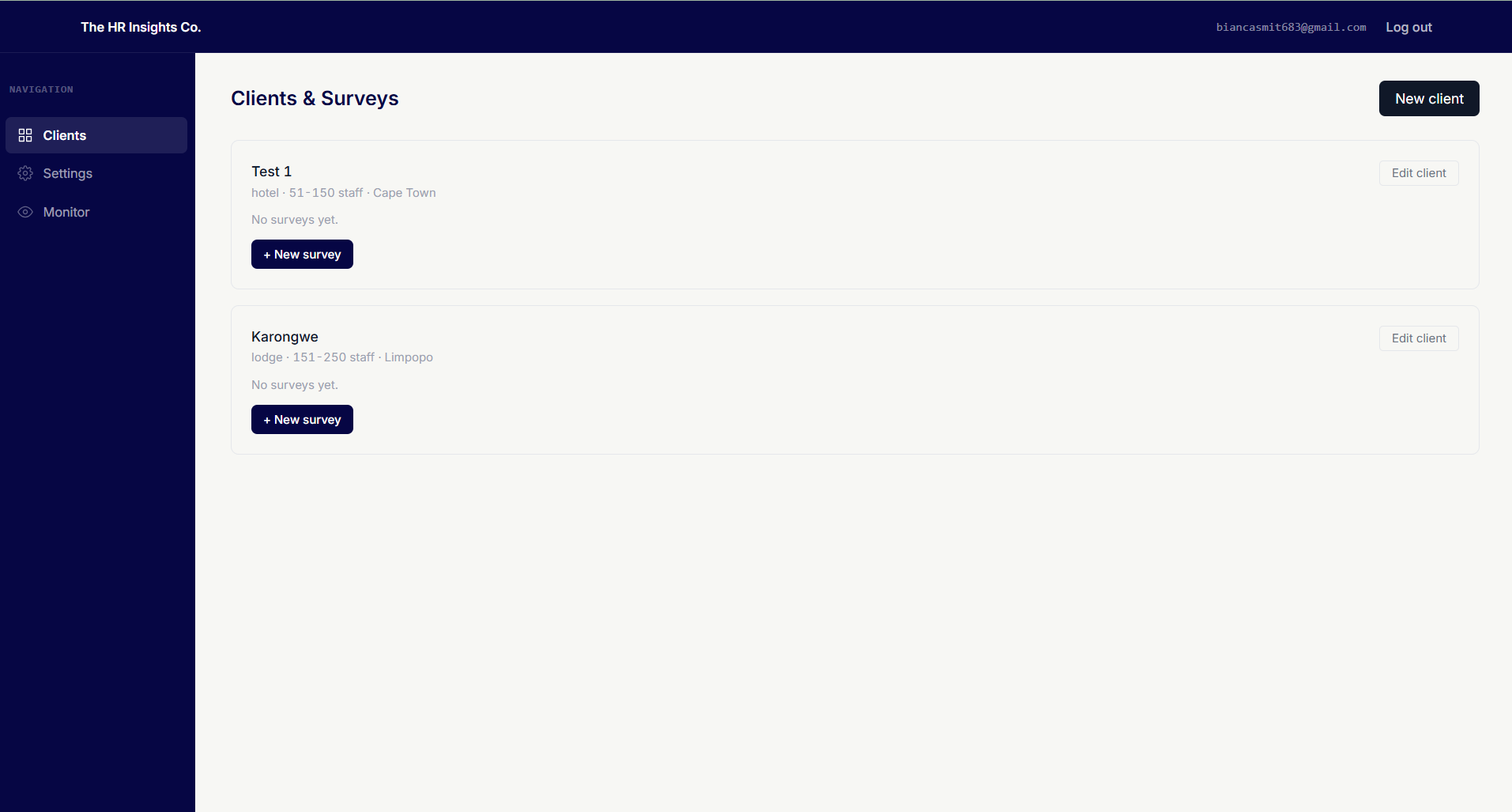Clients and Surveys page of the HR Insights platform